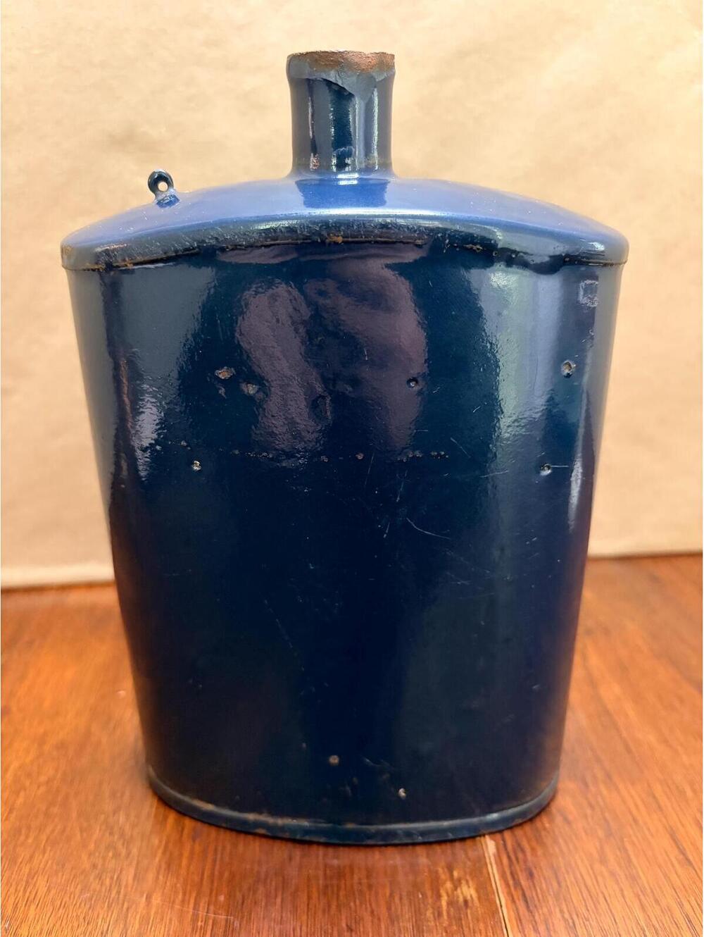 Vintage Cobalt Blue Enamelware Flask Bottle | Primitive metal Canteen Bottle